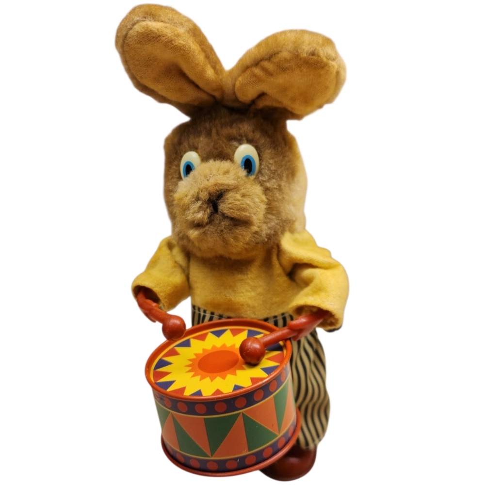 Vintage 1950s RUSS Wind-up Bunny Rabbit Playing Drums Animated Working Condition